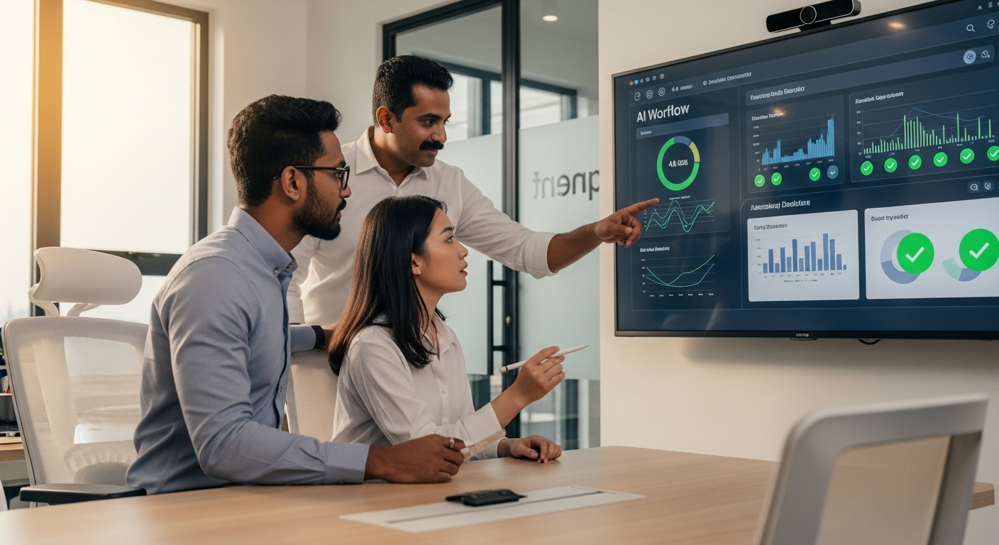 A business team reviewing AI workflow dashboards in a modern Malaysian office
