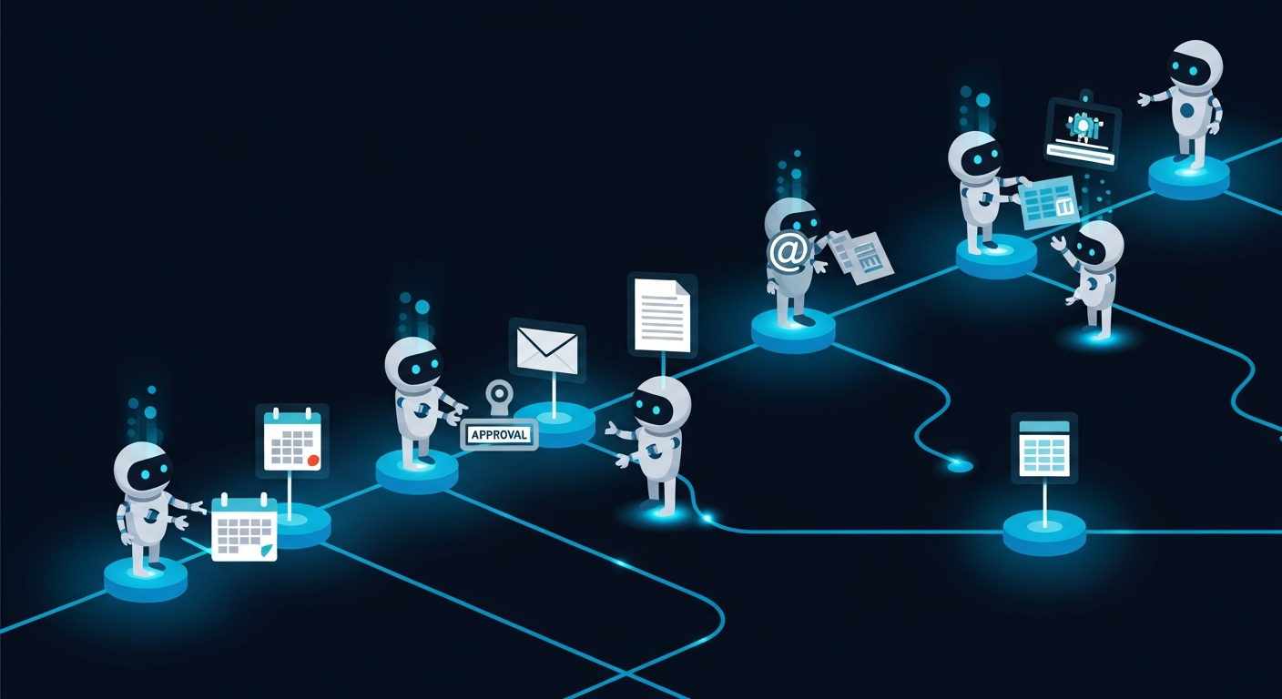 Diagram of AI agents orchestrating tasks across an automated workflow pipeline