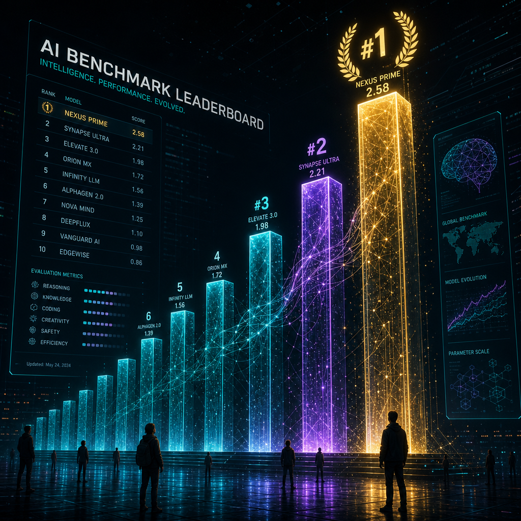 AI benchmark records being shattered — glowing leaderboard bars with Claude Opus 5 at the top