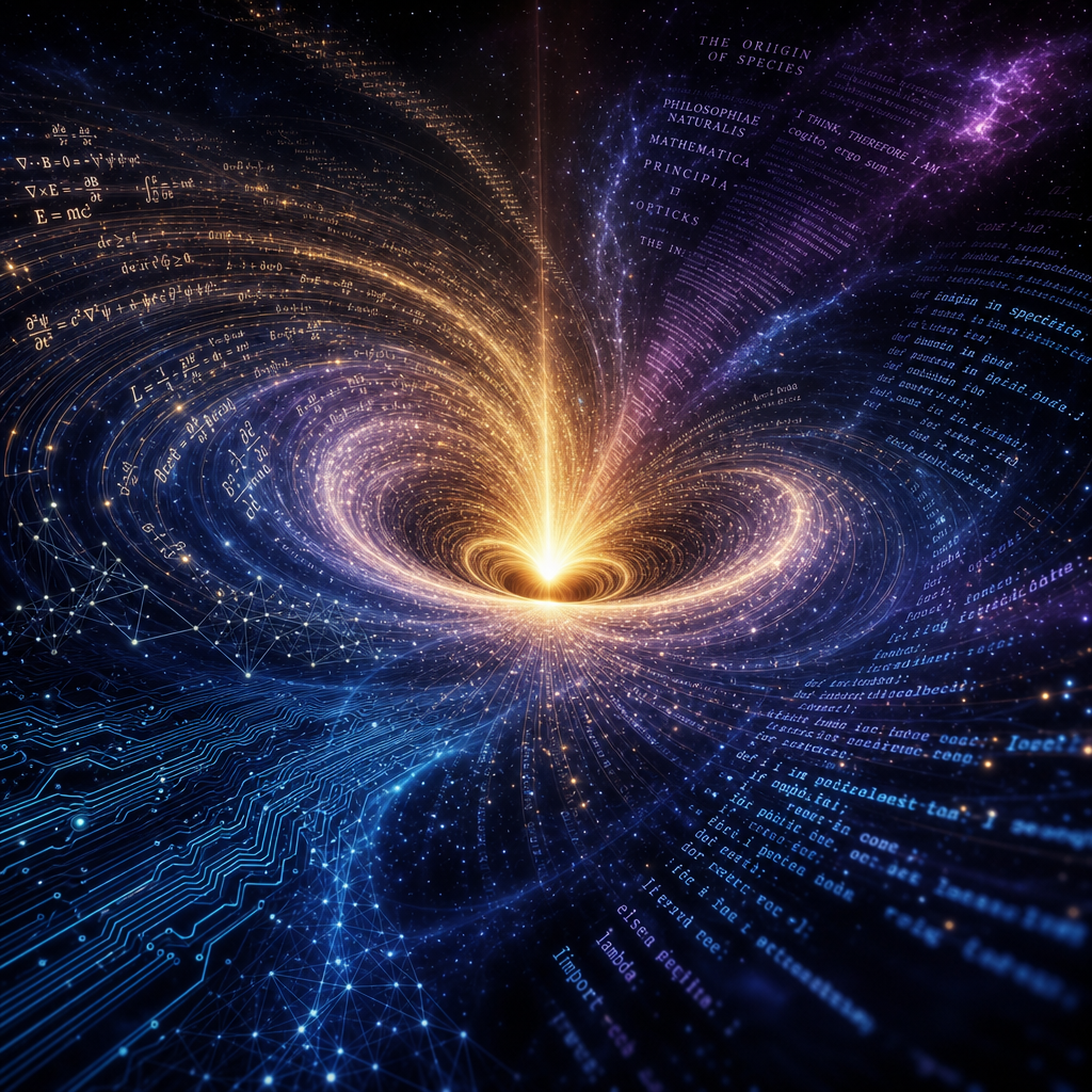 The AI Singularity — streams of human knowledge spiralling into a glowing point of light