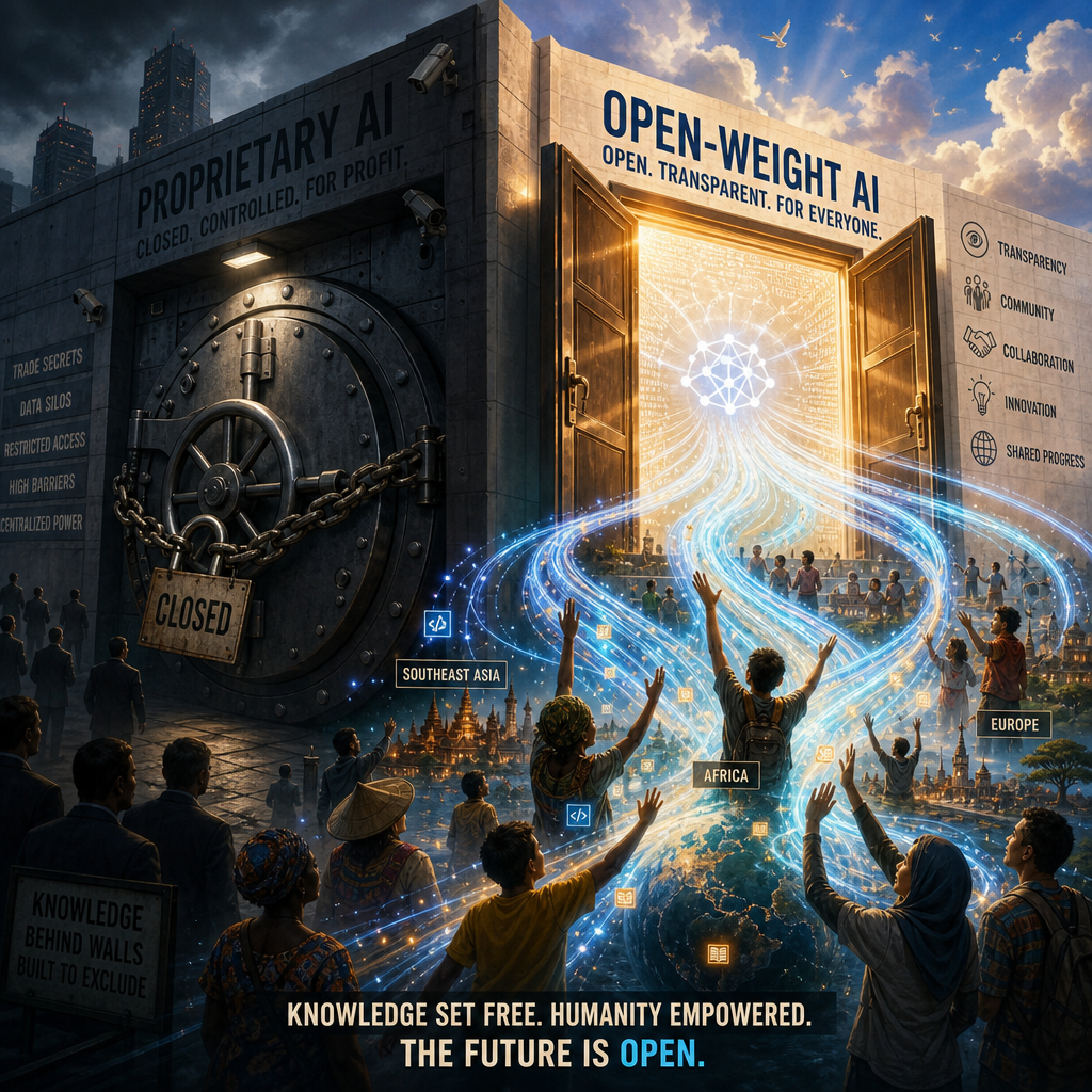 Open AI models released to the world — glowing data streams flowing from open doors across a globe