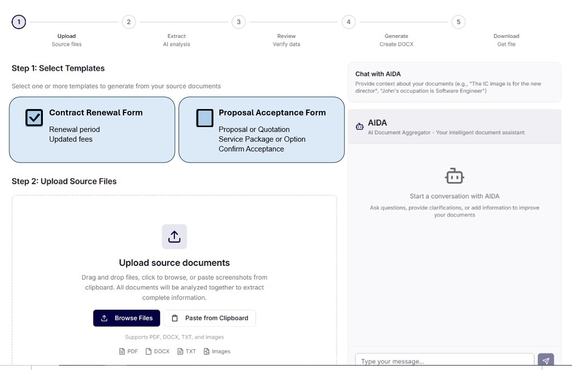 AIDA Template Selection and Document Upload Interface