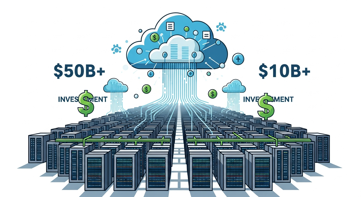 Massive AI infrastructure investment visualization showing data centers and capital flow
